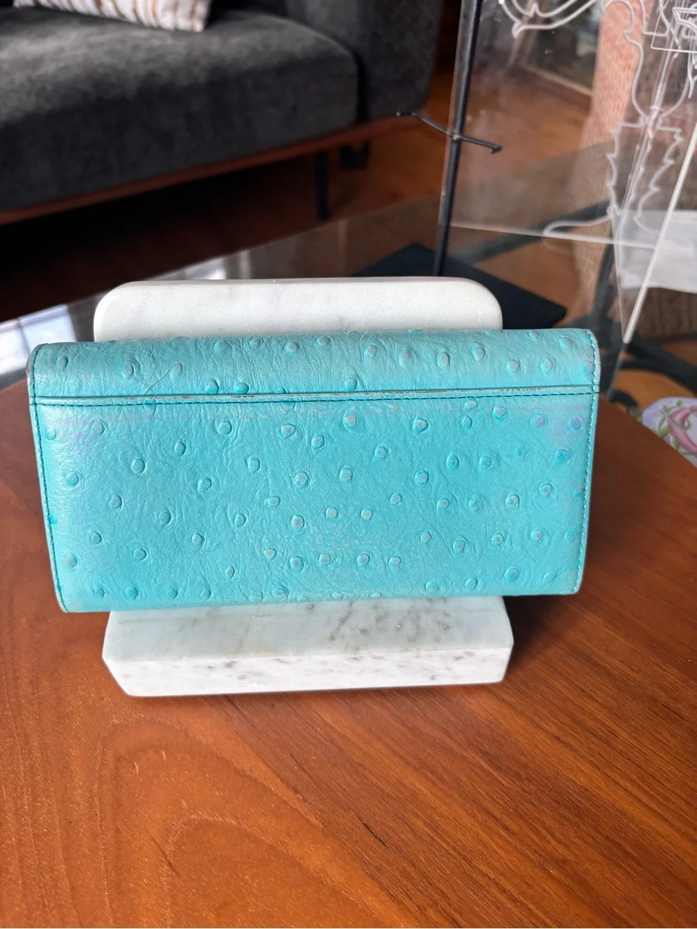 Kate Spade Turquoise Ostrich-Embossed Turn-Lock Wallet